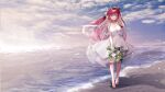  1girl absurdres atelier_live bangs barefoot beach blue_eyes blush bouquet breasts commentary dragon_horns dress english_commentary flower highres holding holding_bouquet horns kuzuryu_io long_hair medium_breasts ocean open_mouth ragi_(diabolik_angle) red_hair rose second-party_source smile solo virtual_youtuber water white_dress white_flower white_rose 