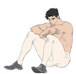  1boy bara black_eyes black_hair closed_mouth full_body grey_footwear highres huan_shi_tian_tong jockstrap knees_up long_sideburns looking_at_viewer male_focus male_underwear male_underwear_peek muscular muscular_male original pantyhose see-through short_hair sideburns simple_background sitting solo thick_eyebrows thighs topless_male underwear wet wet_clothes wet_legwear white_background white_legwear white_male_underwear 