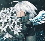  1boy ahoge android angel_wings bangs black_background black_jacket bouquet cheer_(cheerkitty14) closed_eyes danganronpa_(series) danganronpa_v3:_killing_harmony eyebrows_visible_through_hair flower gradient gradient_background grey_hair headphones jacket keebo male_focus object_hug power_armor short_hair smile solo white_flower white_hair wings 