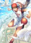  1boy :d ball basketball basketball_uniform bird blue_sky city cloud commentary_request day eyebrows feathers floating jacket jersey kagami_taiga kuroko_no_basuke male_focus midair red_eyes red_hair shoes short_hair shorts sky smile sneakers solo sportswear suiact 