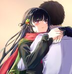  1boy 1girl 3_small_spiders absurdres back bangs black_hair black_shirt blush closed_mouth commander_(girls&#039;_frontline) eyebrows_visible_through_hair girls&#039;_frontline highres hug long_hair looking_up purple_eyes red_scarf scarf school_uniform shirt short_hair simple_background type_100_(girls&#039;_frontline) upper_body white_shirt 