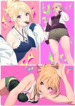 1girl blonde_hair breasts commentary cookie cropped_jacket food food_in_mouth henken highres jacket long_hair looking_at_viewer medium_breasts multiple_views open_clothes open_jacket open_mouth original ponytail red_eyes short_shorts shorts sienna_(henken) smile symbol-only_commentary tank_top tongue tongue_out white_jacket 