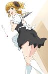  1girl :d aletta black_skirt blonde_hair commentary_request eyebrows_visible_through_hair from_behind from_below green_eyes highres holding holding_plate horns isekai_shokudou looking_at_viewer open_mouth plate puffy_short_sleeves puffy_sleeves short_hair short_sleeves skirt smile socks solo thighs umanosuke 