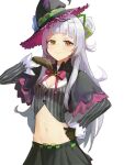  1girl absurdres black_capelet black_skirt blush brown_gloves capelet closed_mouth commentary gloves hat highres hololive long_hair looking_at_viewer mac_star midriff murasaki_shion navel simple_background skirt smile solo virtual_youtuber white_background white_hair witch_hat yellow_eyes 