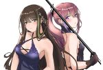  2girls 3_small_spiders :o bare_back bare_shoulders black_dress blue_dress blush breasts brown_eyes brown_hair cleavage closed_mouth collarbone commentary_request dress eye_piercing eyebrows_visible_through_hair from_side girls&#039;_frontline hair_ornament highres holding long_hair looking_at_viewer m4a1_(girls&#039;_frontline) medium_breasts multicolored_hair multiple_girls open_mouth pink_hair ponytail purple_eyes small_breasts st_ar-15_(girls&#039;_frontline) upper_body white_background 