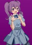  1girl 22/7 :d ahoge bangs blue_bow bow fang hair_ornament long_hair looking_at_viewer purple_eyes purple_hair rikku04 school_uniform serafuku shirt simple_background skirt smile toujou_yuuki twintails 