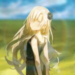  1girl absurdres arms_behind_back black_dress blurry bokeh commentary_request depth_of_field dress field from_side grey_hair hair_ornament hair_over_one_eye heterochromia highres isekai_joucho isekai_joucho_(artist) kamitsubaki_studio long_hair looking_at_viewer looking_to_the_side multicolored_hair outdoors red_hair sky sleeveless sleeveless_dress smile solo two-tone_hair upper_body virtual_youtuber 