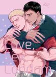  2boys abs absurdres bara bare_pectorals bertolt_hoover blush clothes_lift commentary_request couple cover cover_page doujin_cover highres hug hug_from_behind large_pectorals lifted_by_self lips male_focus multiple_boys muscular muscular_male navel ni_yuu nipples pectorals red_shirt reiner_braun shingeki_no_kyojin shirt shirt_lift short_hair smile stomach upper_body yaoi 