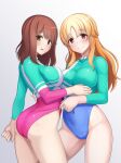  2girls alfort_(may0508) ass blonde_hair blush breasts brown_eyes brown_hair closed_mouth clothes_pull commentary_request covered_navel eyebrows_visible_through_hair girlfriend_(kari) gradient gradient_background grey_background gymnastics highres large_breasts leotard leotard_pull long_hair looking_at_viewer multiple_girls open_mouth rhythmic_gymnastics sasahara_nonoka shiina_kokomi smile standing thighs 