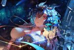  1girl artist_name bangs bare_shoulders blue_hair breasts character_name cloud9 commentary constellation diffraction_spikes diyokama dragon_horns dutch_angle fur_trim hair_between_eyes hair_horns hair_ornament horns jacket large_breasts long_hair looking_at_viewer multicolored_hair night night_sky off_shoulder open_mouth red_eyes shooting_star sky solo sparkle star_(sky) starry_sky symbol-only_commentary twitch.tv upper_body vienna_(vtuber) virtual_youtuber 