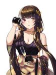  1girl 3_small_spiders :o absurdres black_dress black_gloves breasts brown_hair butterfly_hair_ornament cleavage collarbone commentary_request cup dress drinking_glass eyebrows_visible_through_hair girls&#039;_frontline gloves hair_ornament hand_up heterochromia highres holding holding_cup jewelry long_hair looking_at_viewer low_twintails medium_breasts multicolored_hair necklace open_mouth red_eyes ro635_(girls&#039;_frontline) solo twintails upper_body white_background wine_glass yellow_eyes 