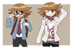  1boy arm_behind_head arm_up arrow_(symbol) backpack bag bangs belt bespectacled black-framed_eyewear black_pants blue_necktie brown_background brown_hair chain_necklace commentary_request cosplay cropped_legs danganronpa:_trigger_happy_havoc danganronpa_(series) fujisaki_chihiro furukawa_(yomawari) glasses grey_jacket grin hand_up highres jacket kuwata_leon kuwata_leon_(cosplay) male_focus medium_hair multiple_views necktie one_eye_closed open_clothes open_jacket open_mouth pants red_necktie shiny shiny_hair shirt shirt_tucked_in skull_print smile teeth white_background white_shirt yamada_hifumi yamada_hifumi_(cosplay) 