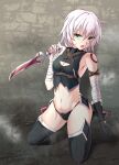  1girl :o bandages bangs bare_shoulders black_footwear black_gloves black_panties black_shirt boots breasts cleavage fate/apocrypha fate/grand_order fate_(series) full_body gloves green_eyes hair_between_eyes highres holding holding_knife holding_weapon jack_the_ripper_(fate/apocrypha) kneeling knife lanceralter1 navel on_floor open_mouth panties scar scar_across_eye scar_on_face shirt short_hair single_glove sleeveless sleeveless_shirt small_breasts solo thigh_boots thighhighs underwear v-shaped_eyebrows weapon white_hair 