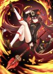  1girl :d absurdres brown_footwear brown_hair full_body genshin_impact hat highres hu_tao_(genshin_impact) kneehighs legs legs_up linreplica long_sleeves looking_at_viewer red_eyes shoes shorts smile solo staff_of_homa_(genshin_impact) twintails white_legwear 