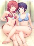  2girls bangs barefoot bikini blue_bikini blue_eyes blue_hair blue_ribbon blush breasts cleavage collarbone front-tie_bikini front-tie_top hair_between_eyes highres kanojo_mo_kanojo kimoshi long_hair looking_at_viewer minase_nagisa multiple_girls open_mouth red_bikini red_eyes red_hair red_ribbon ribbon saki_saki_(kanojo_mo_kanojo) shiny shiny_hair short_hair side-tie_bikini sitting small_breasts soles straight_hair sweatdrop swimsuit very_long_hair watermark web_address 