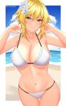  1girl arind_yudha bangs bare_shoulders bikini blonde_hair blush breasts cleavage collarbone flower genshin_impact hair_flower hair_ornament halterneck highres large_breasts looking_at_viewer lumine_(genshin_impact) medium_hair navel sidelocks smile solo string_bikini swimsuit thighs white_bikini yellow_eyes 