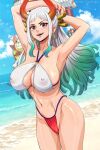  1girl aqua_hair areolae armpits arms_behind_head arms_up beach bikini breasts cameltoe collarbone covered_nipples curled_horns day dutch_angle fingernails green_hair grey_hair groin hair_ornament hair_stick halterneck high_ponytail highleg highleg_bikini horns huge_breasts jpeg_artifacts krabby_(artist) long_hair looking_at_viewer multicolored_hair multicolored_horns navel ocean one_piece oni open_mouth orange_horns outdoors own_hands_together red_horns red_nails reward_available sand see-through shiny shiny_skin ship sideboob skindentation smile solo stomach sweat swimsuit thousand_sunny v-shaped_eyebrows very_long_hair water watercraft yamato_(one_piece) yellow_eyes 