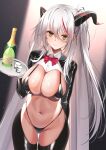  1girl aegir_(azur_lane) arm_behind_back ass_visible_through_thighs azur_lane bangs bikini black_bikini black_legwear blush bottle bow bowtie breasts cleavage closed_mouth cup drinking_glass eyebrows_visible_through_hair hair_between_eyes highres holding holding_tray horns inui_kentarou large_breasts light_frown long_hair long_sleeves looking_at_viewer meme_attire multicolored_hair navel red_bow red_bowtie red_hair reverse_bunnysuit reverse_outfit ringed_eyes shrug_(clothing) sidelocks silver_hair solo stomach straight_hair streaked_hair sweat swimsuit thigh_gap thighhighs tray two-tone_hair very_long_hair yellow_eyes 