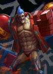  1boy abs blue_hair c_home cyborg embers feet_out_of_frame franky grin hawaiian_shirt highres large_hands leg_hair looking_at_viewer male_focus male_swimwear metal navel nipples one_piece open_clothes open_shirt pectoral_cleavage pectorals pointing pointing_at_viewer red_male_swimwear shirt short_hair smile solo spiked_hair stomach swim_briefs 