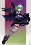  1girl apex_legends artist_name bangs blue_hair bra bsapricot_(vtuber) demon_wings english_commentary eva-8 frog froggyloch green_eyes green_hair gun highres holding holding_gun holding_weapon horns jacket multicolored_hair multiple_horns off_shoulder open_mouth purple_bra purple_jacket shotgun single_leg_pantyhose single_thighhigh smile solo spikes strap streaked_hair thighhighs tiara underwear virtual_youtuber vshojo weapon wings 