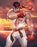  1boy abs absurdres bara bare_shoulders belt black_belt black_hair boxing_gloves commentary english_commentary feet_out_of_frame headband highres large_pectorals looking_at_viewer male_focus muscular muscular_male nipples open_clothes patreon_logo patreon_username pectorals red_headband ryu_(street_fighter) short_hair silverjow sleeveless solo standing street_fighter sunset thick_eyebrows thick_thighs thighs torn_clothes veins 