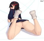  1girl absurdres anger_vein anus ass bar_censor black_hair blush cameltoe censored commentary crop_top feet_up from_behind hair_between_eyes highres kill_la_kill looking_at_viewer looking_back lying matoi_ryuuko miniskirt multicolored_hair nidhoggn on_stomach pussy sailor_collar school_uniform senketsu short_hair skirt solo streaked_hair striped suspenders thick_thighs thighs underwear white_footwear 