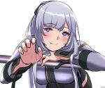  1girl 3_small_spiders ak-12_(girls&#039;_frontline) blush breasts closed_mouth eyebrows_visible_through_hair girls&#039;_frontline hand_up highres leaning_forward long_hair looking_at_viewer medium_breasts purple_eyes silver_hair smile solo tactical_clothes uniform upper_body white_background 