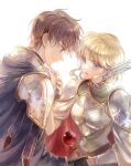  1boy 1girl armor blonde_hair blue_eyes breastplate brown_eyes brown_hair closed_mouth couple eye_contact fire_emblem fire_emblem:_genealogy_of_the_holy_war fire_emblem:_thracia_776 from_side hetero kuzumosu leif_(fire_emblem) looking_at_another nanna_(fire_emblem) profile shiny shiny_hair short_hair shoulder_armor simple_background smile white_background 