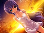  1girl arms_behind_back bangs blue_eyes closed_mouth collarbone cowboy_shot dress eyebrows_visible_through_hair floating_hair fumio_(ura_fmo) game_cg gradient_sky hair_between_eyes halterneck hoshiuta long_hair looking_at_viewer ocean official_art purple_hair purple_sky short_dress sky sleeveless sleeveless_dress smile solo standing sundress sunset very_long_hair white_dress yamabuki_renge yellow_sky 