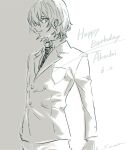  1boy akechi_gorou birthday character_name closed_mouth commentary_request greyscale hair_between_eyes happy_birthday jacket long_sleeves male_focus monochrome necktie persona persona_5 sawa2 signature solo striped striped_necktie upper_body 