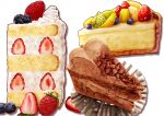  absurdres banana_slice blueberry cake cake_slice cheesecake chocolate_cake commentary_request food food_focus fruit highres kaneko_ryou lime_(fruit) no_humans orange_(fruit) orange_slice original shadow still_life strawberry strawberry_shortcake whipped_cream white_background 