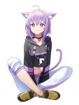  1girl absurdres animal_ear_fluff animal_ears black_choker black_jacket cat_ears cat_girl cat_tail choker closed_mouth commentary full_body highres hololive indian_style jacket mac_star midriff navel nekomata_okayu purple_eyes purple_hair shoes short_hair sitting smile solo tail virtual_youtuber yellow_footwear 