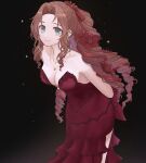  1girl aerith_gainsborough alternate_costume aqua_eyes arms_behind_back back_bow bangs bare_shoulders black_background bow breasts brown_hair cleavage closed_mouth commentary dress drill_hair evening_gown final_fantasy final_fantasy_vii final_fantasy_vii_remake flower forehead formal hair_flower hair_ornament hair_ribbon highres jewelry lenak light_particles long_hair looking_at_viewer medium_breasts necklace official_alternate_costume parted_bangs red_bow red_dress red_flower red_ribbon ribbon sideboob sidelocks smile solo star_(symbol) star_necklace strapless strapless_dress twin_drills very_long_hair 