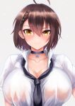  1girl absurdres ahoge azur_lane baltimore_(after-school_ace)_(azur_lane) baltimore_(azur_lane) bangs black_choker black_necktie black_neckwear blush braid breasts brown_hair choker cleavage collarbone collared_shirt commentary eyebrows_visible_through_hair french_braid hair_between_eyes highres large_breasts looking_at_viewer necktie official_alternate_costume partially_unbuttoned portrait ryara school_uniform see-through_shirt shirt short_hair short_sleeves sidelocks simple_background smirk solo standing sweat wet wet_clothes wet_shirt white_background white_shirt yellow_eyes 