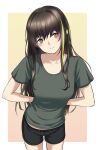  1girl 3_small_spiders absurdres arms_behind_back bangs black_shorts blush breasts brown_eyes brown_hair closed_mouth collarbone eyebrows_visible_through_hair feet_out_of_frame girls&#039;_frontline green_shirt headphones highres leaning_forward long_hair looking_at_viewer m4a1_(girls&#039;_frontline) medium_breasts multicolored_hair shirt shorts simple_background solo standing 