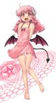  1girl ahoge arms_behind_back barefoot commentary_request demon_girl demon_horns demon_tail demon_wings dress fang hase_yu hexagon horns low_wings open_mouth original pentagram pink_dress pink_eyes pink_hair pointy_ears short_dress smile solo tail wings 
