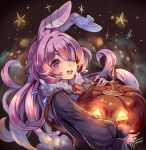  1girl animal_ears bandage_over_one_eye dragalia_lost fujimaru_(green_sparrow) halloween halloween_costume jack-o&#039;-lantern jacket long_hair melsa night night_sky open_mouth purple_eyes purple_hair rabbit_ears signature sky smile upper_body 