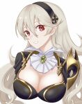  1girl alternate_costume bag black_hairband breasts cleavage corrin_(fire_emblem) corrin_(fire_emblem)_(female) cropped_torso detached_collar fire_emblem fire_emblem_fates fire_emblem_heroes floating_hair grin hair_between_eyes hairband highres karashino long_hair looking_at_viewer medium_breasts official_alternate_costume red_eyes shiny shiny_hair silver_hair simple_background smile solo upper_body very_long_hair white_background 