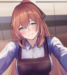  1girl 3_small_spiders apron blush breasts brown_apron brown_ribbon closed_mouth eyebrows_visible_through_hair girls&#039;_frontline green_eyes hair_ribbon highres long_hair looking_at_viewer medium_breasts orange_hair ponytail ribbon shirt simple_background smile solo_focus springfield_(girls&#039;_frontline) upper_body white_shirt 