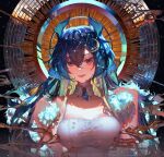  1girl bangs blue_hair breasts cleavage cloud9 collarbone crescent crescent_hair_ornament detached_collar diyokama dragon_girl dragon_horns fangs hair_ornament hand_on_own_shoulder horns large_breasts long_hair looking_at_viewer medium_breasts open_mouth red_eyes sky smile solo star_(sky) starry_sky symbol-only_commentary upper_body vienna_(vtuber) virtual_youtuber 