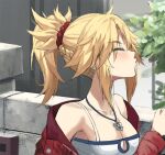  &gt;_&lt; 1girl :3 bangs blonde_hair blush braid breasts closed_eyes eyebrows_visible_through_hair fate/apocrypha fate_(series) french_braid hair_ornament hair_scrunchie highres jacket jewelry long_hair long_sleeves mordred_(fate) mordred_(fate/apocrypha) necklace parted_bangs ponytail red_jacket scrunchie sidelocks small_breasts solo tonee x3 