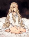  1girl absurdres ankle_ribbon barefoot bed_sheet between_legs blonde_hair choker commentary dated dress english_commentary flat_chest full_body hand_between_legs highres long_hair nightgown original oyari_ashito parted_lips pillow ribbon signature sitting solo v_arms very_long_hair wariza wavy_hair white_dress yellow_eyes 