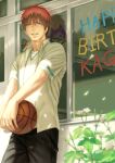  1boy ball basketball black_pants commentary_request eyebrows happy_birthday holding holding_ball jewelry kagami_taiga kuroko_no_basuke looking_at_viewer male_focus necklace outdoors pants plant red_eyes red_hair ring_necklace school_uniform shirt short_hair short_sleeves smile solo suiact sunlight teeth white_shirt window 