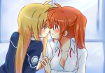  2girls bed blonde_hair blue_eyes breasts cleavage collared_shirt couple eye_contact fate_testarossa hair_ribbon happy holding_hands interlocked_fingers kerorokjy long_hair looking_at_another lyrical_nanoha mahou_shoujo_lyrical_nanoha_strikers military military_uniform multiple_girls neck_ribbon orange_hair red_eyes red_ribbon ribbon shirt side_ponytail sitting smile takamachi_nanoha tsab_executive_military_uniform uniform very_long_hair white_shirt yuri 