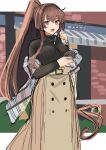  1girl absurdres alternate_costume beige_skirt black_sweater brown_hair commentary_request cowboy_shot highres holding kantai_collection long_hair looking_at_viewer open_mouth ponytail shawl smile solo sweater translation_request tumbler yamato_(kancolle) yunamaro 