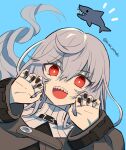  1girl arknights bangs black_nails blue_background claw_pose commentary eyebrows_visible_through_hair fangs fangs_out hair_between_eyes husui_parashi long_hair long_sleeves open_mouth red_eyes shark silver_hair solo specter_(arknights) turtleneck 
