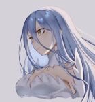  1girl azura_(fire_emblem) bangs blue_hair breasts brown_eyes choker cleavage closed_mouth collarbone cropped_torso detached_collar fire_emblem fire_emblem_fates frown grey_background hair_between_eyes highres karashino long_hair shiny shiny_hair simple_background small_breasts solo straight_hair twitter_username upper_body very_long_hair white_choker 