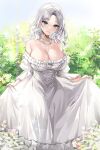  1girl absurdres armpits blue_eyes blurry blurry_background blush breasts cleavage collarbone commentary_request cover cover_page dress flower frilled_dress frills gem gown highres jewelry korean_commentary large_breasts leaf lillly medium_hair original ornament see-through see-through_dress smile tree white_hair 