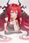  1girl atelier_live bangs black_dress blue_eyes blush breasts cleavage dragon_horns dress elbow_gloves english_commentary gloves hair_intakes highres horns kuzuryu_io lying medium_breasts multiple_horns open_mouth red_hair single_glove smile solo virtual_youtuber yoru_(yowuyoru) 