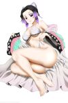  1girl banned_artist barefoot bikini black_hair breasts butterfly_hair_ornament cleavage closed_mouth full_body gradient_hair hair_ornament haori highres japanese_clothes kimetsu_no_yaiba kimmy77 kochou_shinobu large_breasts long_sleeves multicolored_hair purple_eyes shiny shiny_skin short_hair simple_background smile solo swimsuit underboob untied untied_bikini white_background white_bikini wide_sleeves 